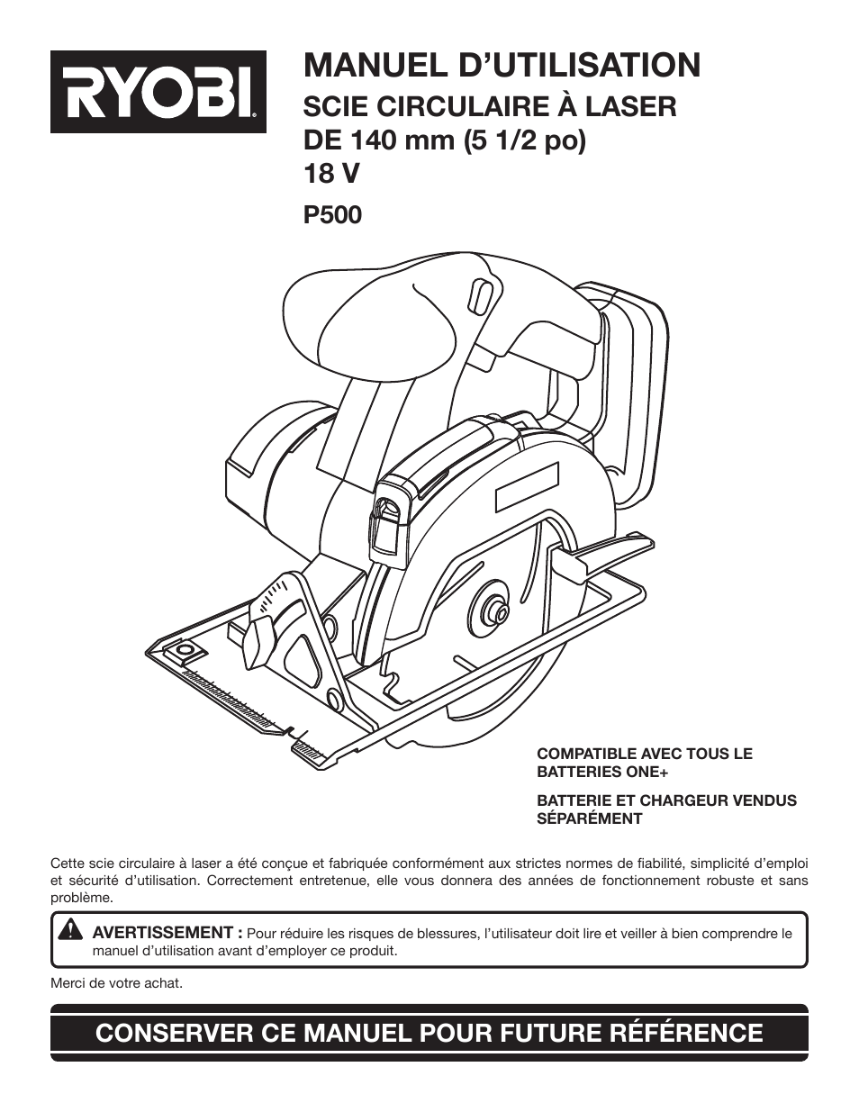 Manuel d’utilisation, P500 conserver ce manuel pour future référence | Ryobi P500 User Manual | Page 23 / 68