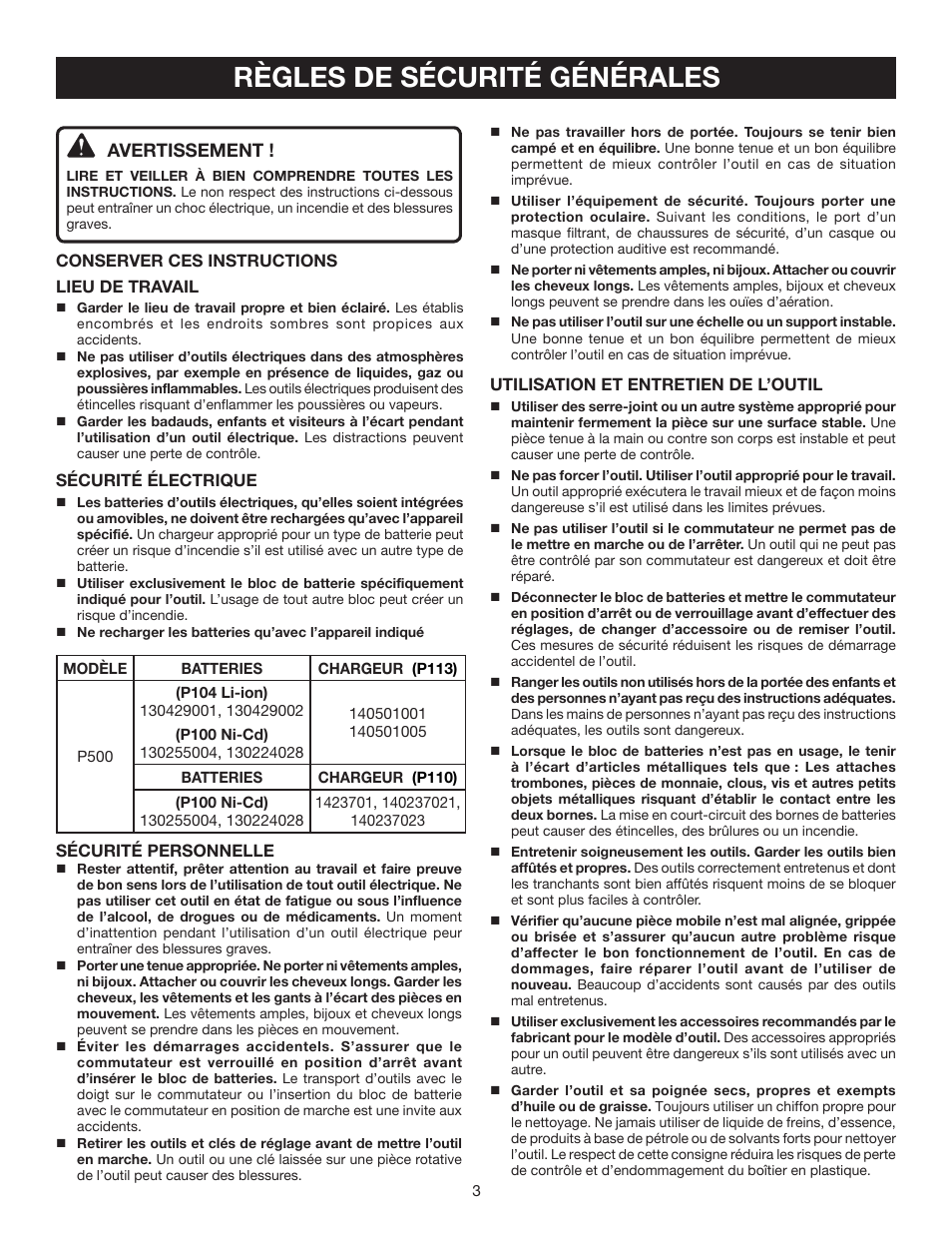 Règles de sécurité générales, Avertissement | Ryobi P500 User Manual | Page 25 / 68