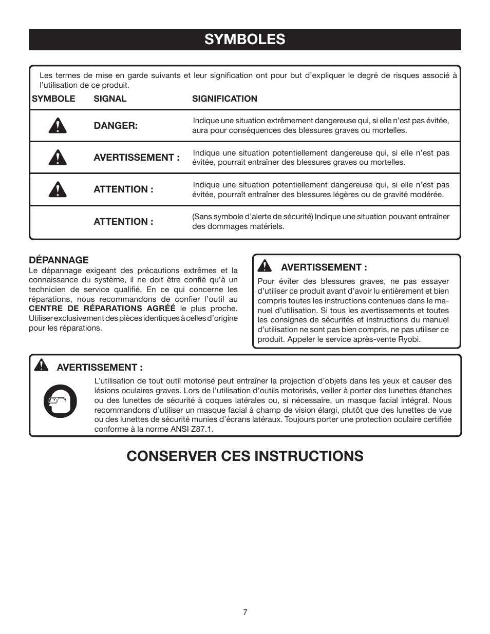 Symboles, Conserver ces instructions | Ryobi P500 User Manual | Page 29 / 68