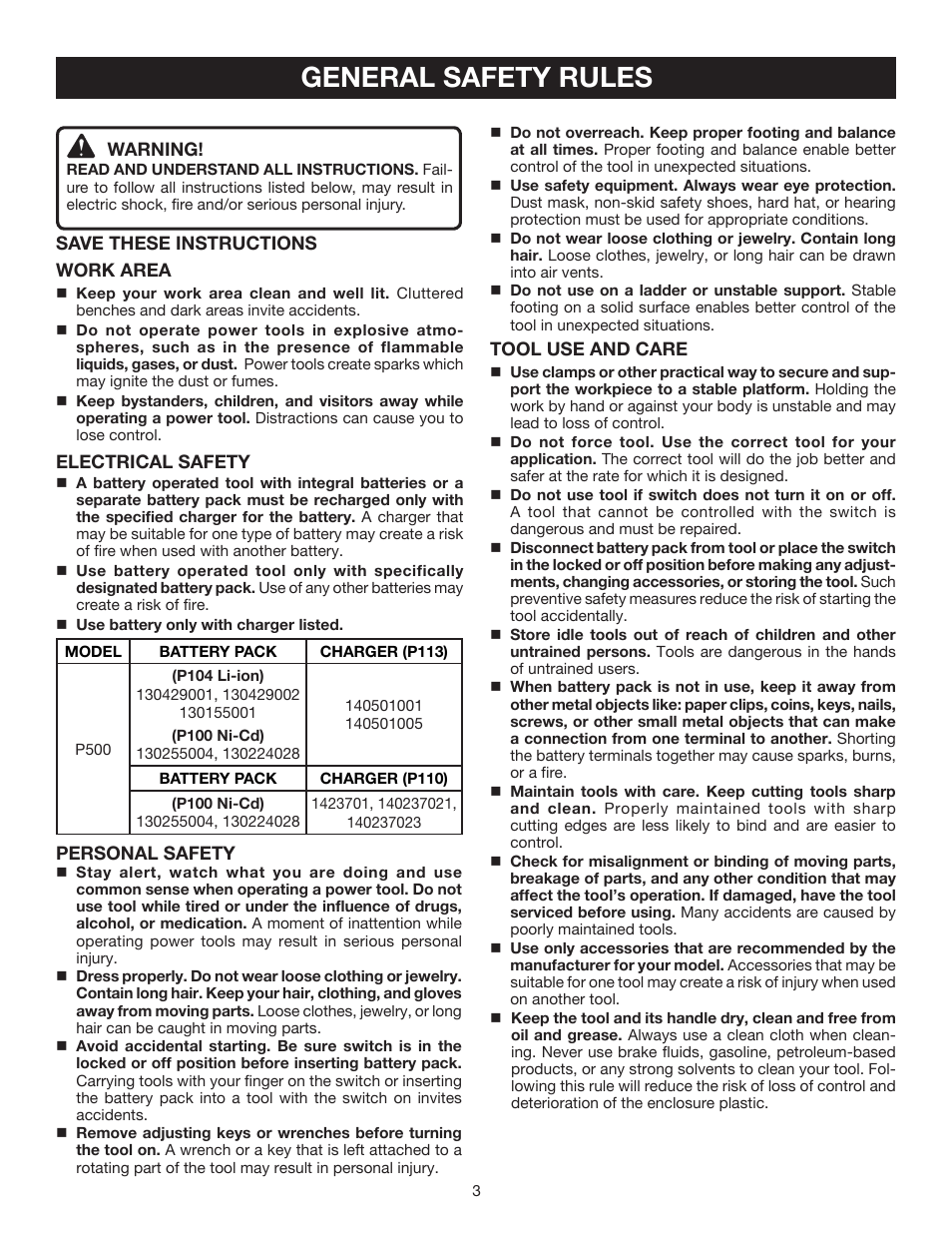General safety rules | Ryobi P500 User Manual | Page 3 / 68