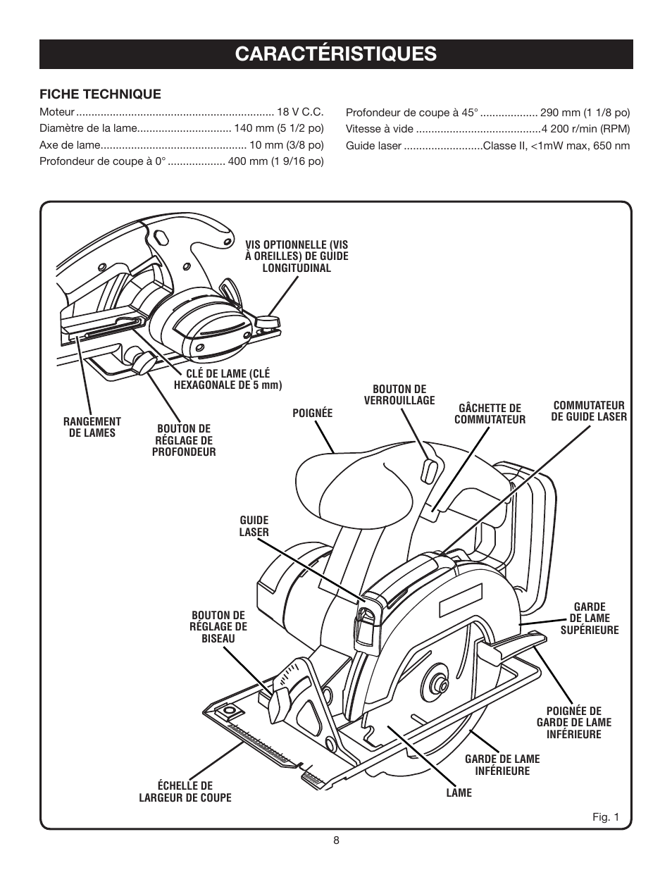 Caractéristiques | Ryobi P500 User Manual | Page 30 / 68