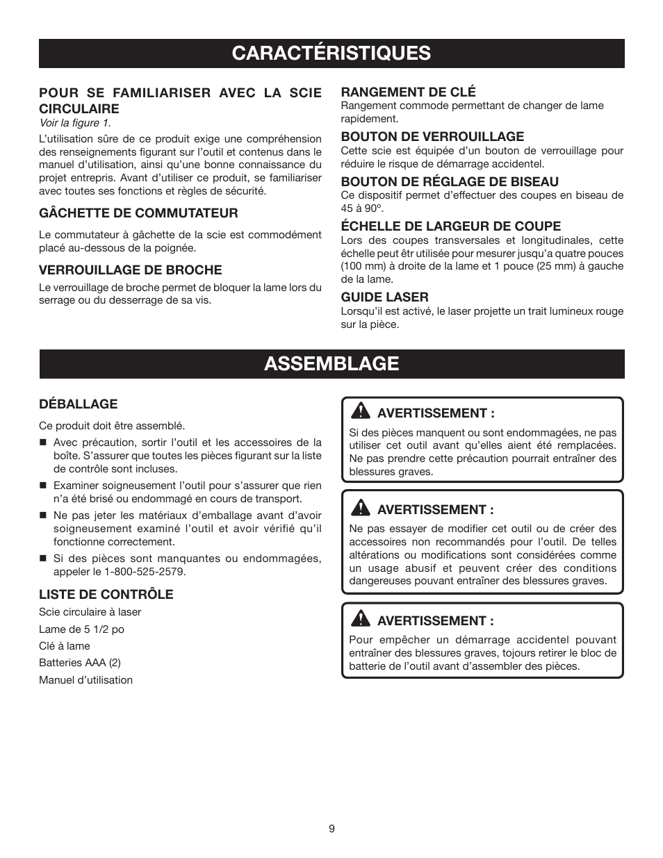 Caractéristiques, Assemblage | Ryobi P500 User Manual | Page 31 / 68