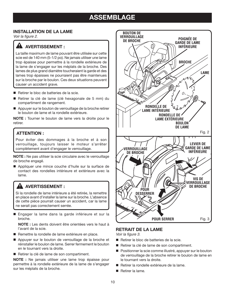 Assemblage, Installation de la lame, Avertissement | Attention, Retrait de la lame | Ryobi P500 User Manual | Page 32 / 68