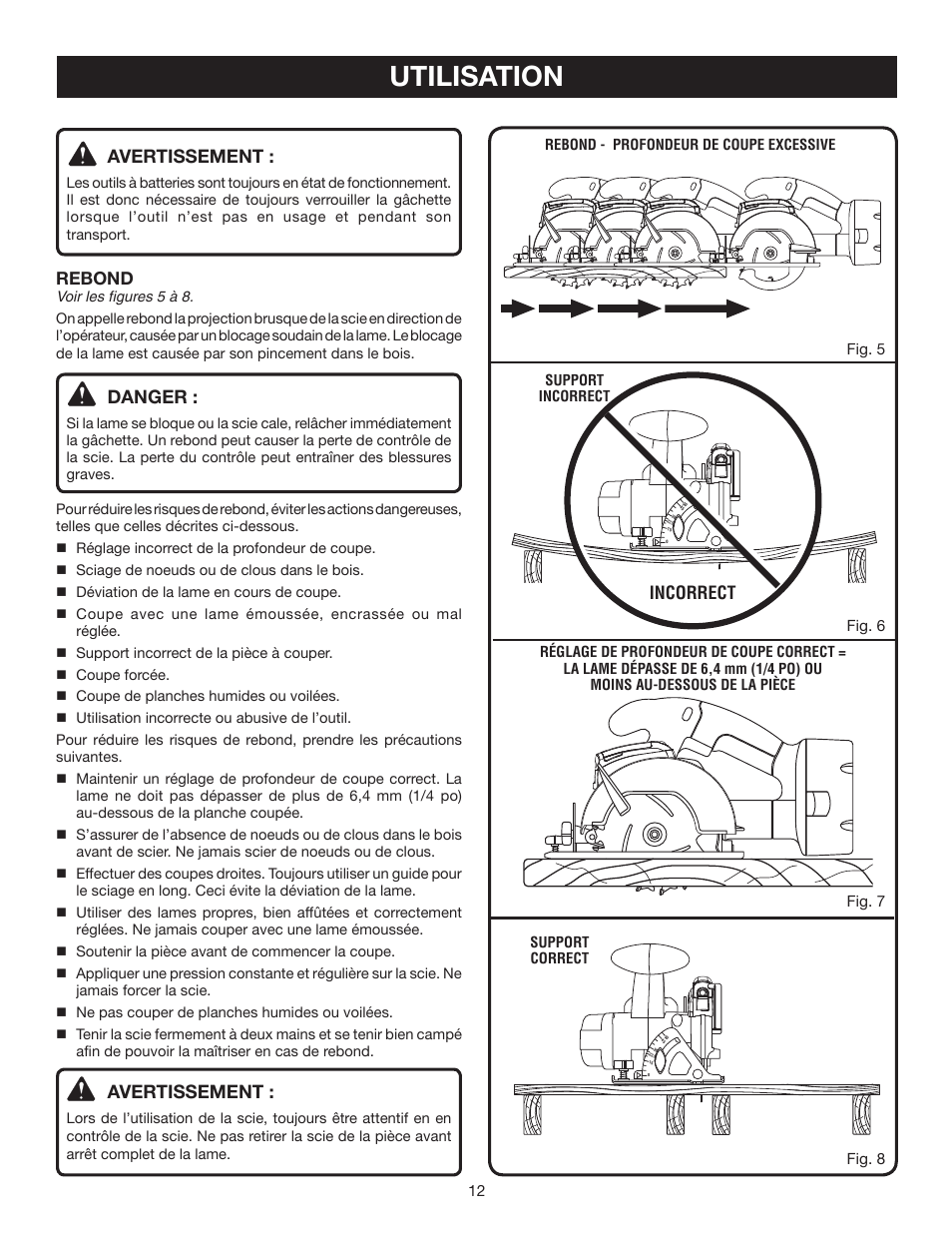 Utilisation, Avertissement, Danger | Rebond, Incorrect | Ryobi P500 User Manual | Page 34 / 68