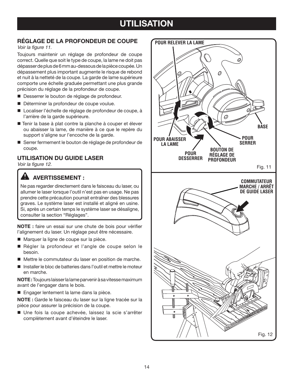 Utilisation, Réglage de la profondeur de coupe, Utilisation du guide laser | Avertissement | Ryobi P500 User Manual | Page 36 / 68