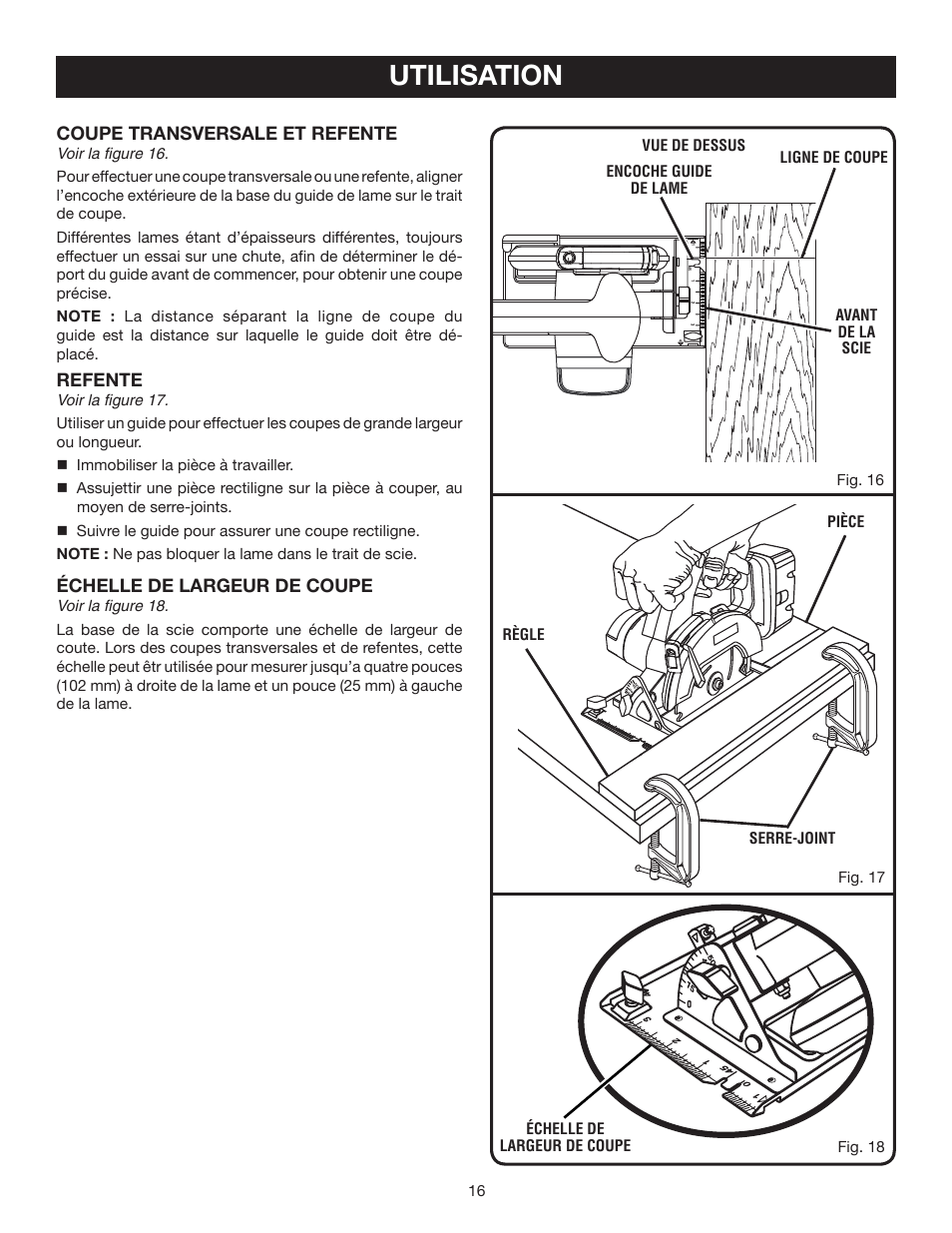 Utilisation, Coupe transversale et refente, Refente | Échelle de largeur de coupe | Ryobi P500 User Manual | Page 38 / 68