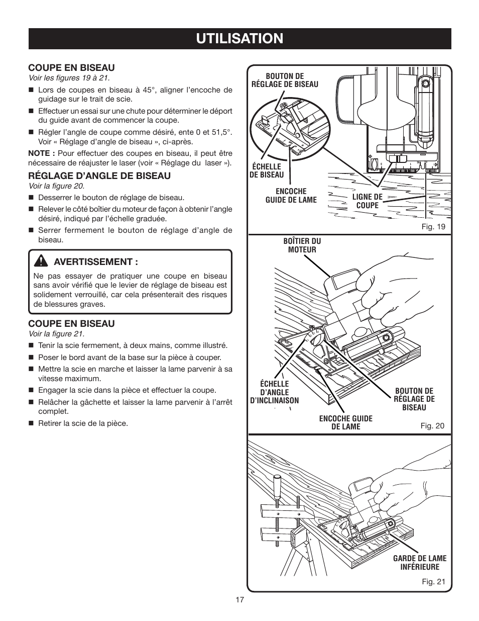 Utilisation, Coupe en biseau, Réglage d’angle de biseau | Avertissement, 17 fig. 21 | Ryobi P500 User Manual | Page 39 / 68