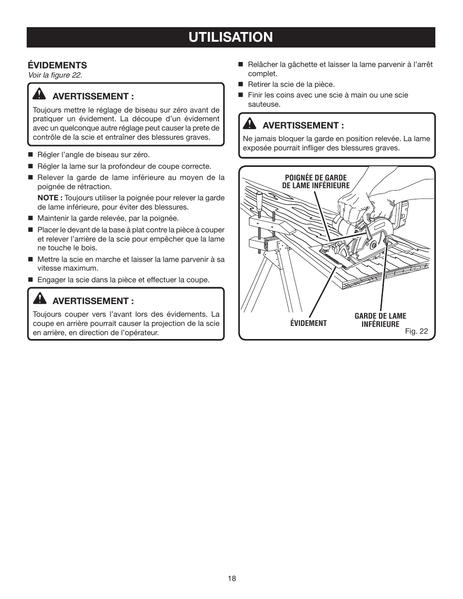 Utilisation, Avertissement, Évidements | Ryobi P500 User Manual | Page 40 / 68