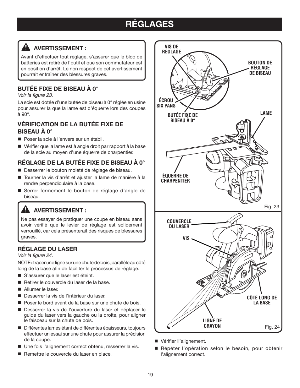 Réglages, Avertissement, Butée fixe de biseau à 0 | Vérification de la butée fixe de biseau à 0, Réglage de la butée fixe de biseau à 0, Réglage du laser | Ryobi P500 User Manual | Page 41 / 68