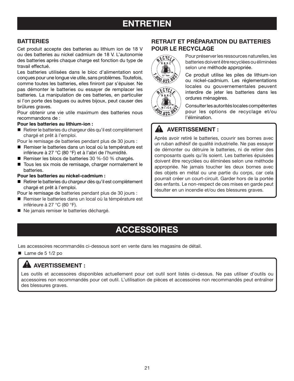 Entretien accessoires | Ryobi P500 User Manual | Page 43 / 68