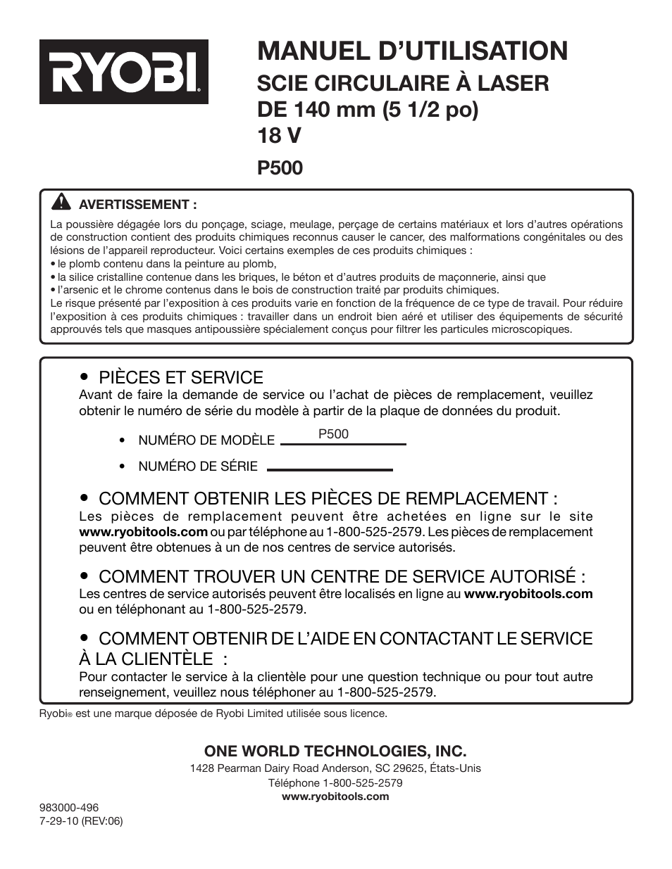Manuel d’utilisation, P500, Pièces et service | Comment obtenir les pièces de remplacement, Comment trouver un centre de service autorisé | Ryobi P500 User Manual | Page 44 / 68