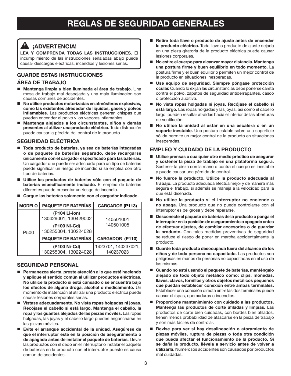 Reglas de seguridad generales, Advertencia | Ryobi P500 User Manual | Page 47 / 68