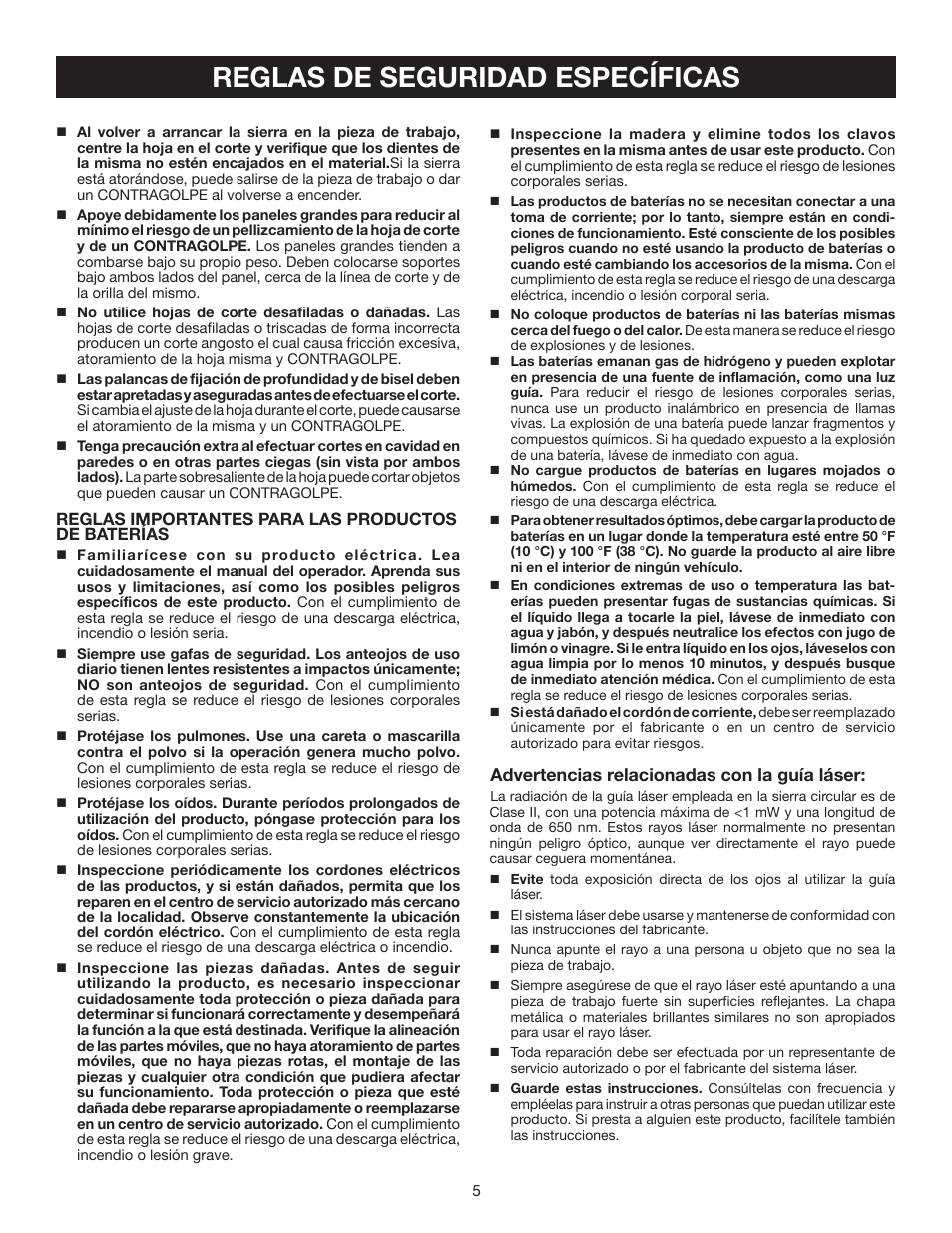 Reglas de seguridad específicas | Ryobi P500 User Manual | Page 49 / 68