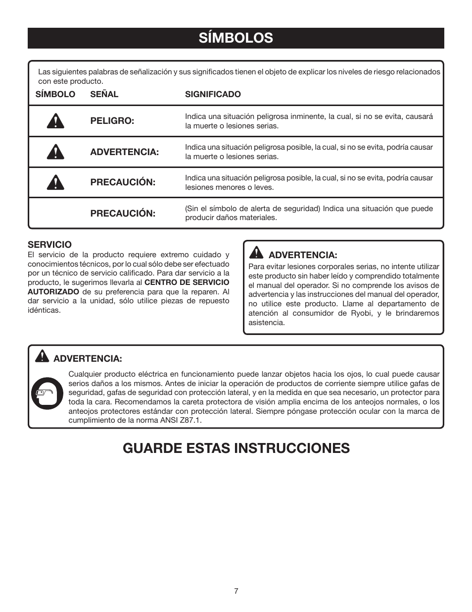 Símbolos, Guarde estas instrucciones | Ryobi P500 User Manual | Page 51 / 68