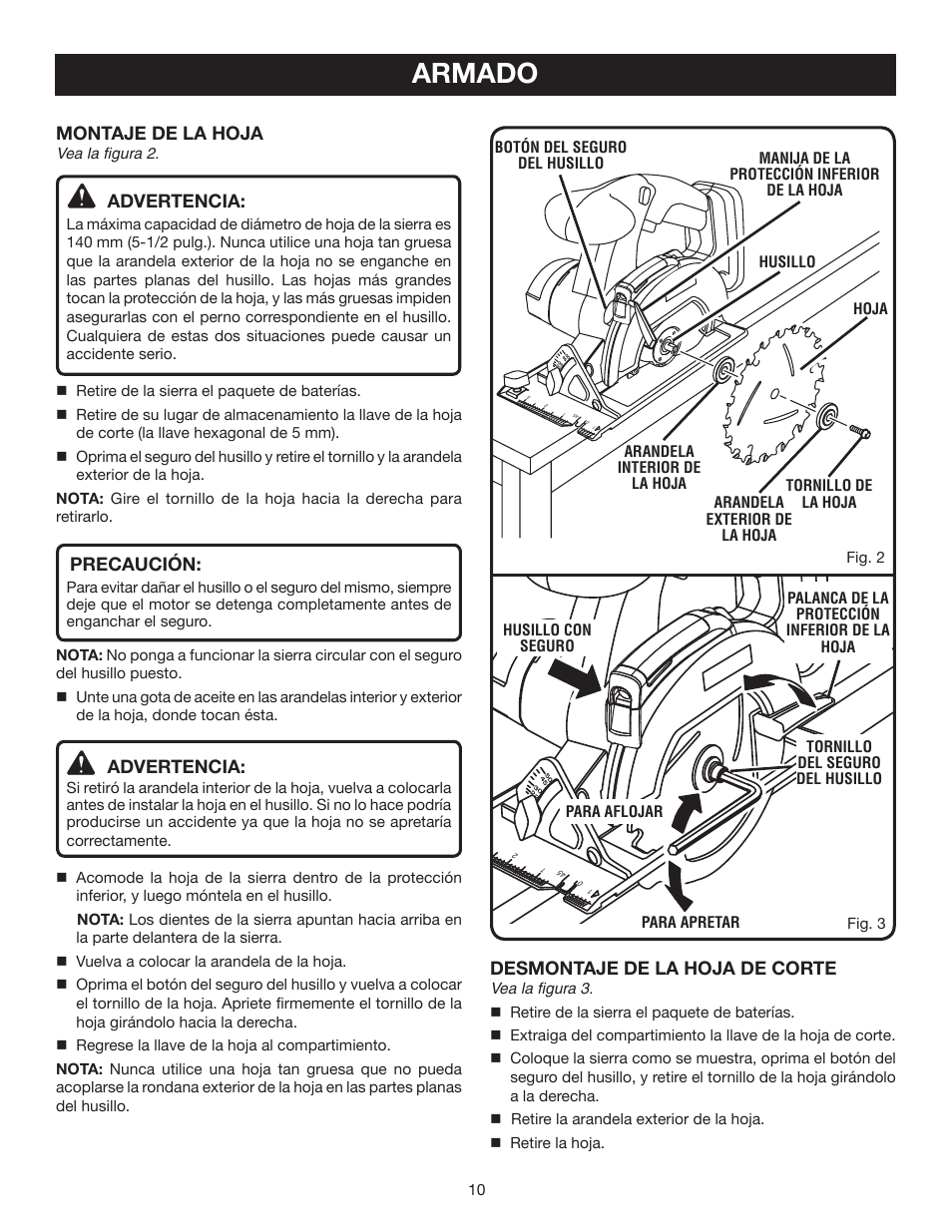 Armado, Montaje de la hoja, Advertencia | Precaución, Desmontaje de la hoja de corte | Ryobi P500 User Manual | Page 54 / 68