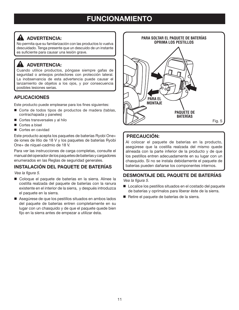 Funcionamiento | Ryobi P500 User Manual | Page 55 / 68
