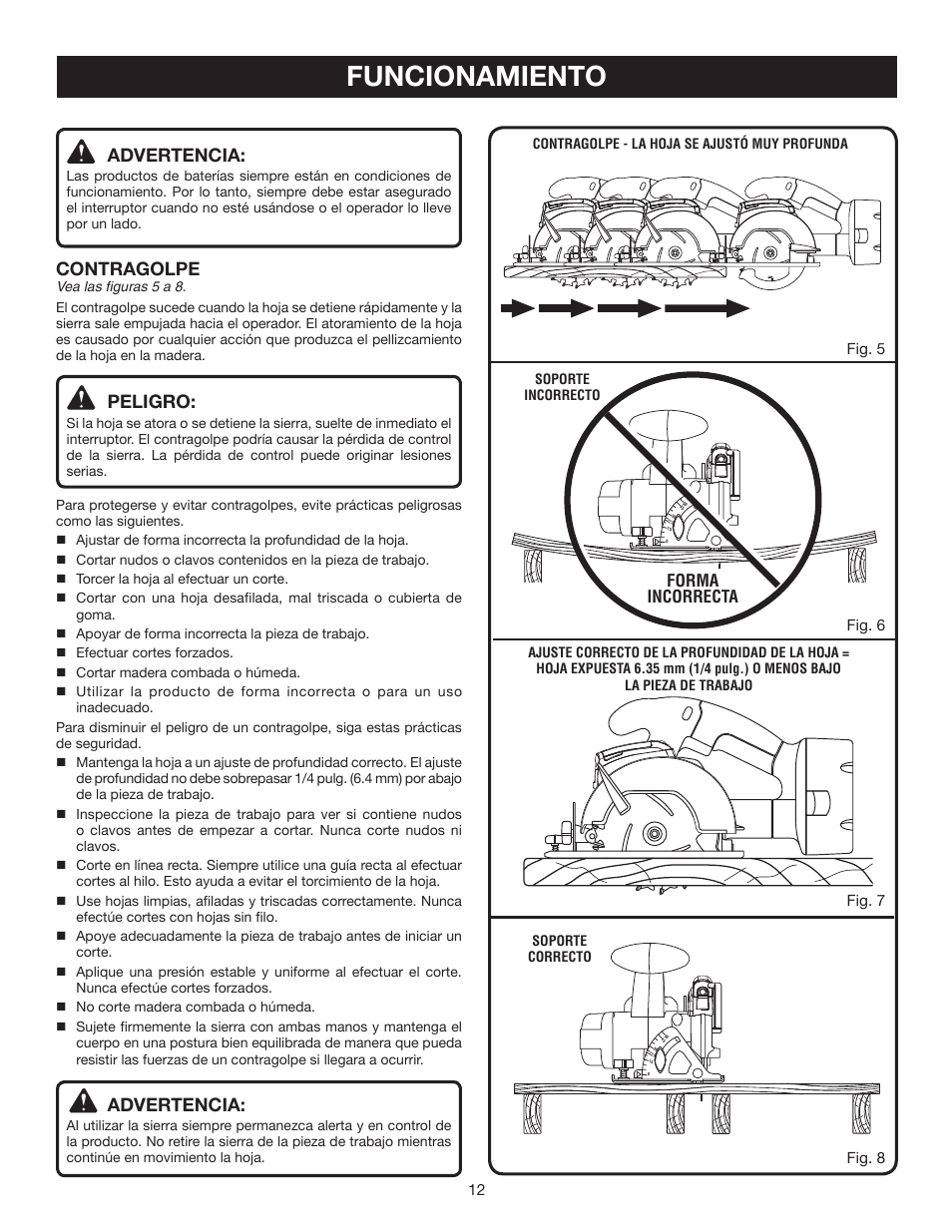 Funcionamiento, Advertencia, Contragolpe | Peligro, Forma incorrecta | Ryobi P500 User Manual | Page 56 / 68