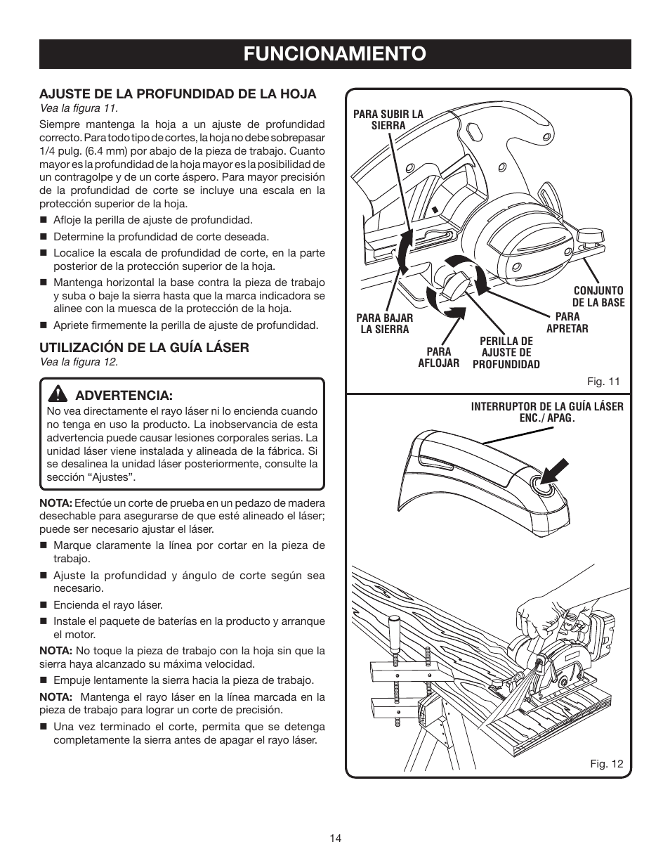 Funcionamiento, Ajuste de la profundidad de la hoja, Utilización de la guía láser | Advertencia | Ryobi P500 User Manual | Page 58 / 68