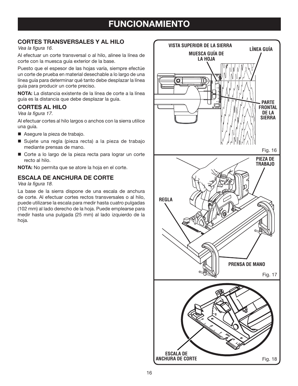 Funcionamiento, Cortes transversales y al hilo, Cortes al hilo | Escala de anchura de corte | Ryobi P500 User Manual | Page 60 / 68