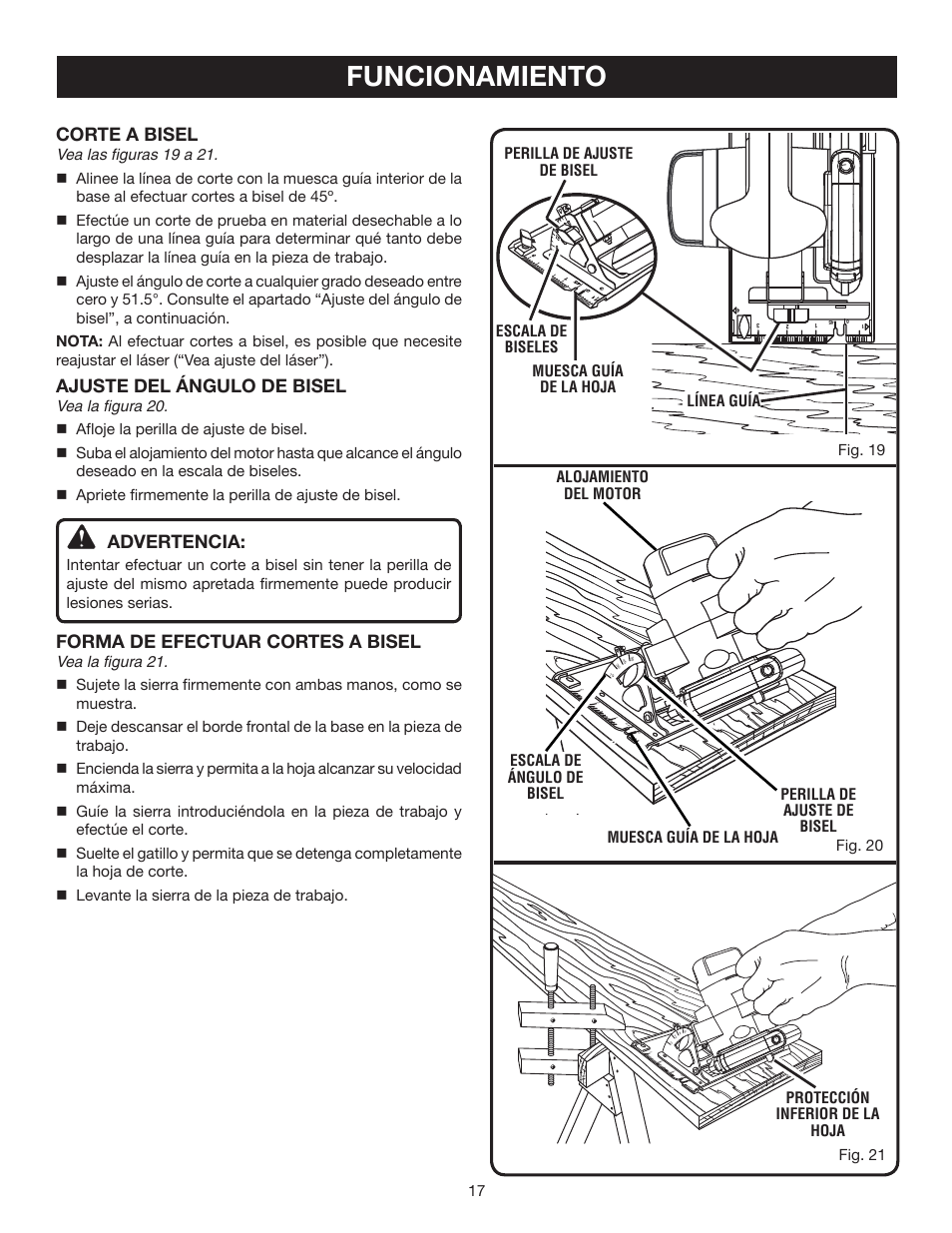 Funcionamiento, Corte a bisel, Ajuste del ángulo de bisel | Advertencia, Forma de efectuar cortes a bisel, 17 fig. 21 | Ryobi P500 User Manual | Page 61 / 68