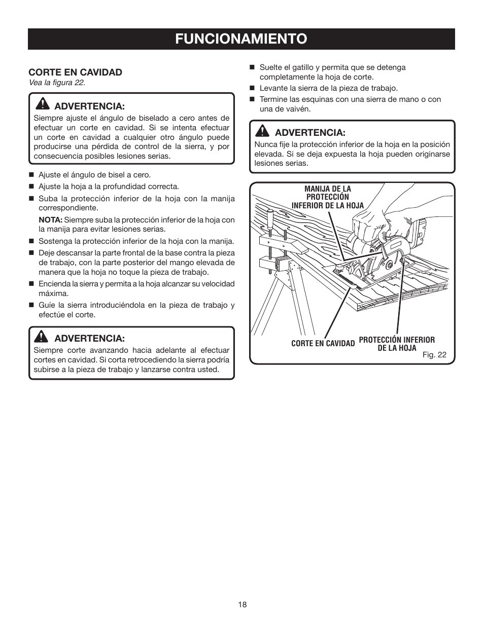 Funcionamiento, Advertencia, Corte en cavidad | Ryobi P500 User Manual | Page 62 / 68