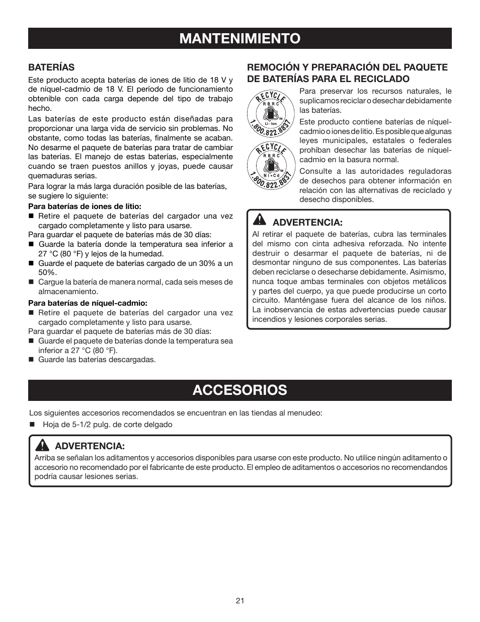 Mantenimiento accesorios | Ryobi P500 User Manual | Page 65 / 68