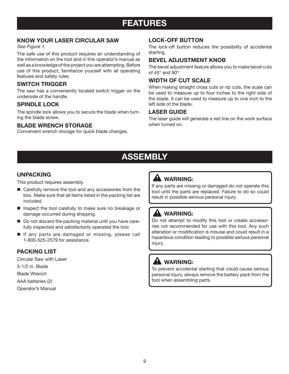 Features, Assembly | Ryobi P500 User Manual | Page 9 / 68