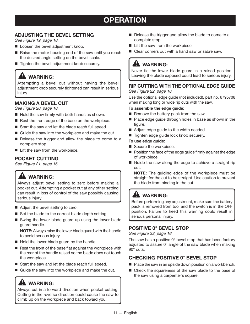 Operation | Ryobi P501 User Manual | Page 11 / 40