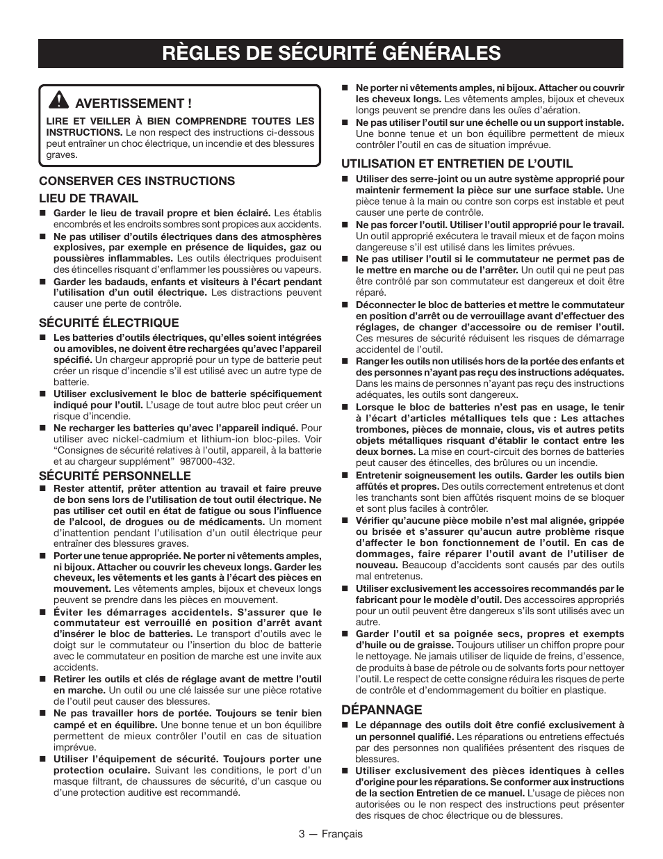 Règles de sécurité générales, Dépannage, Avertissement | Ryobi P501 User Manual | Page 14 / 40