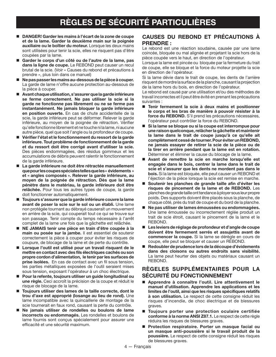 Règles de sécurité particulières, Causes du rebond et précautions à prendre | Ryobi P501 User Manual | Page 15 / 40