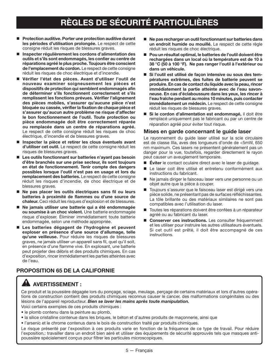 Règles de sécurité particulières, Mises en garde concernant le guide laser, Avertissement | Proposition 65 de la californie | Ryobi P501 User Manual | Page 16 / 40