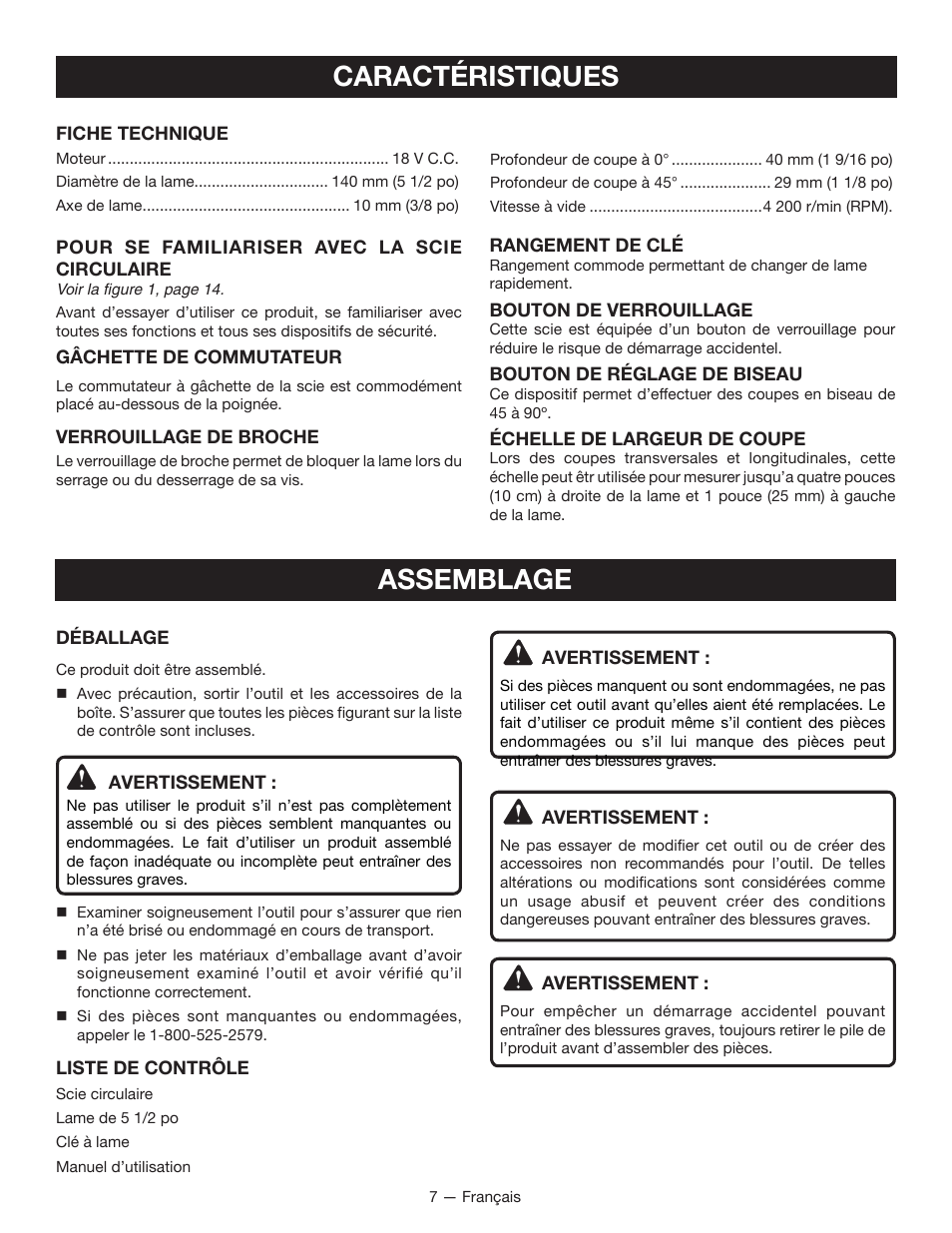 Caractéristiques, Assemblage | Ryobi P501 User Manual | Page 18 / 40