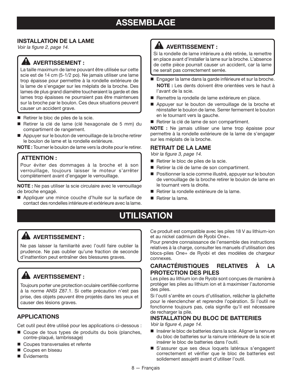 Assemblage, Utilisation | Ryobi P501 User Manual | Page 19 / 40