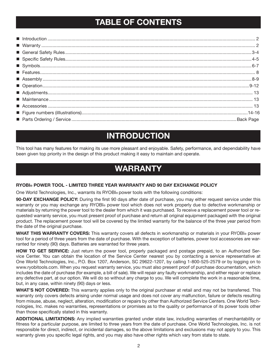 Table of contents introduction, Warranty | Ryobi P501 User Manual | Page 2 / 40