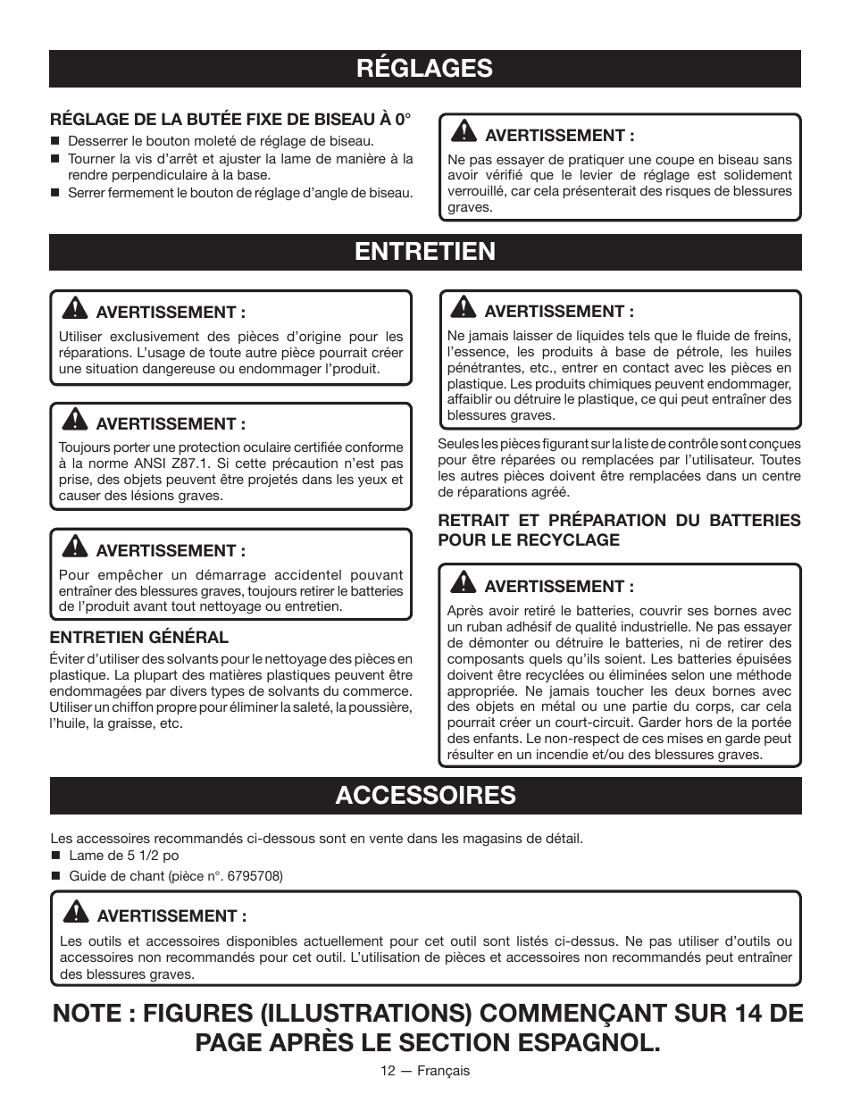 Entretien réglages, Accessoires | Ryobi P501 User Manual | Page 23 / 40