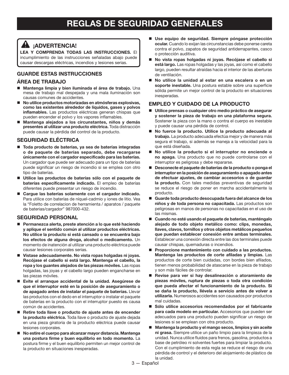 Reglas de seguridad generales, Advertencia | Ryobi P501 User Manual | Page 25 / 40