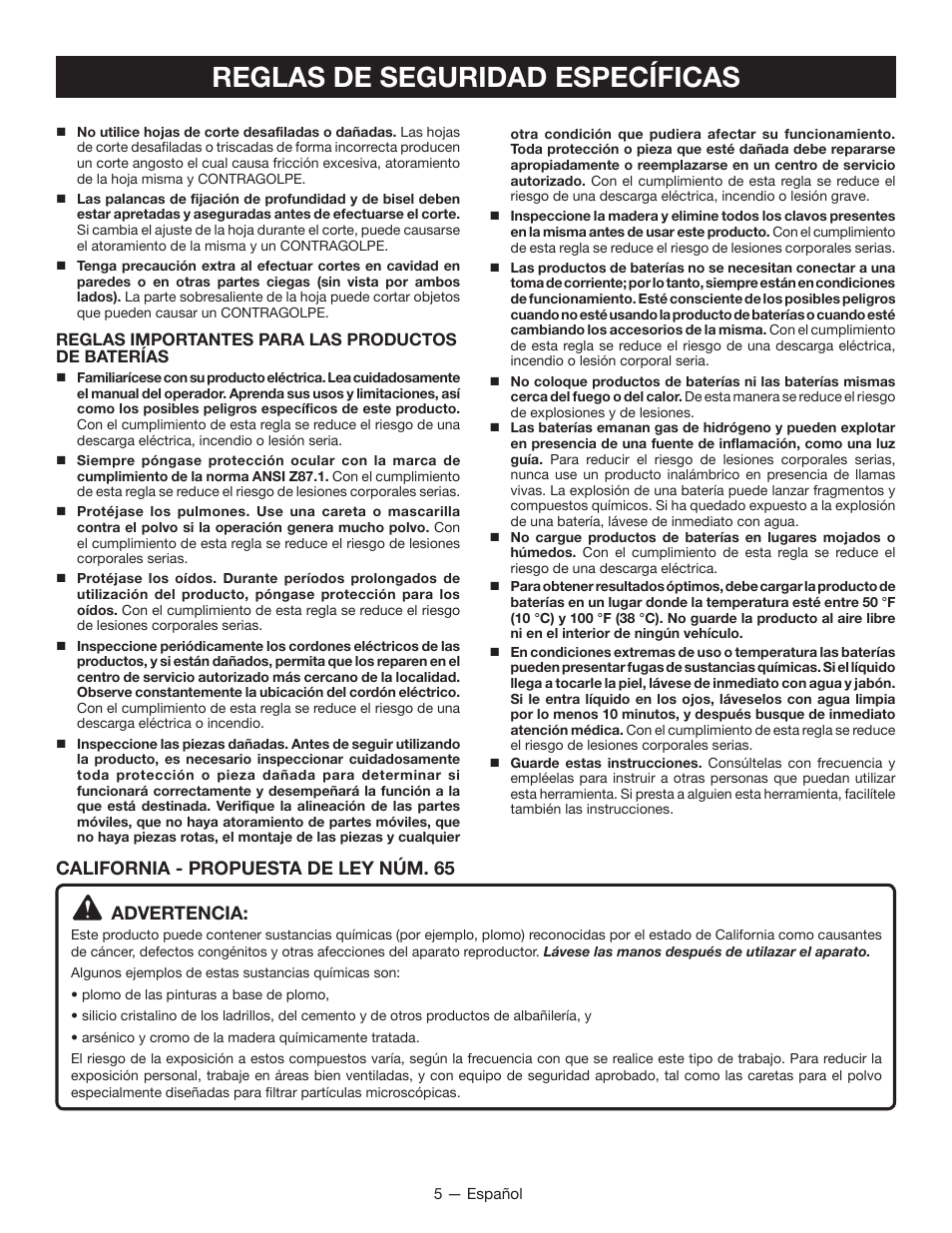 Reglas de seguridad específicas, Advertencia, California - propuesta de ley nъm. 65 | Ryobi P501 User Manual | Page 27 / 40