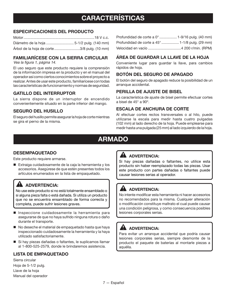 Características, Armado | Ryobi P501 User Manual | Page 29 / 40
