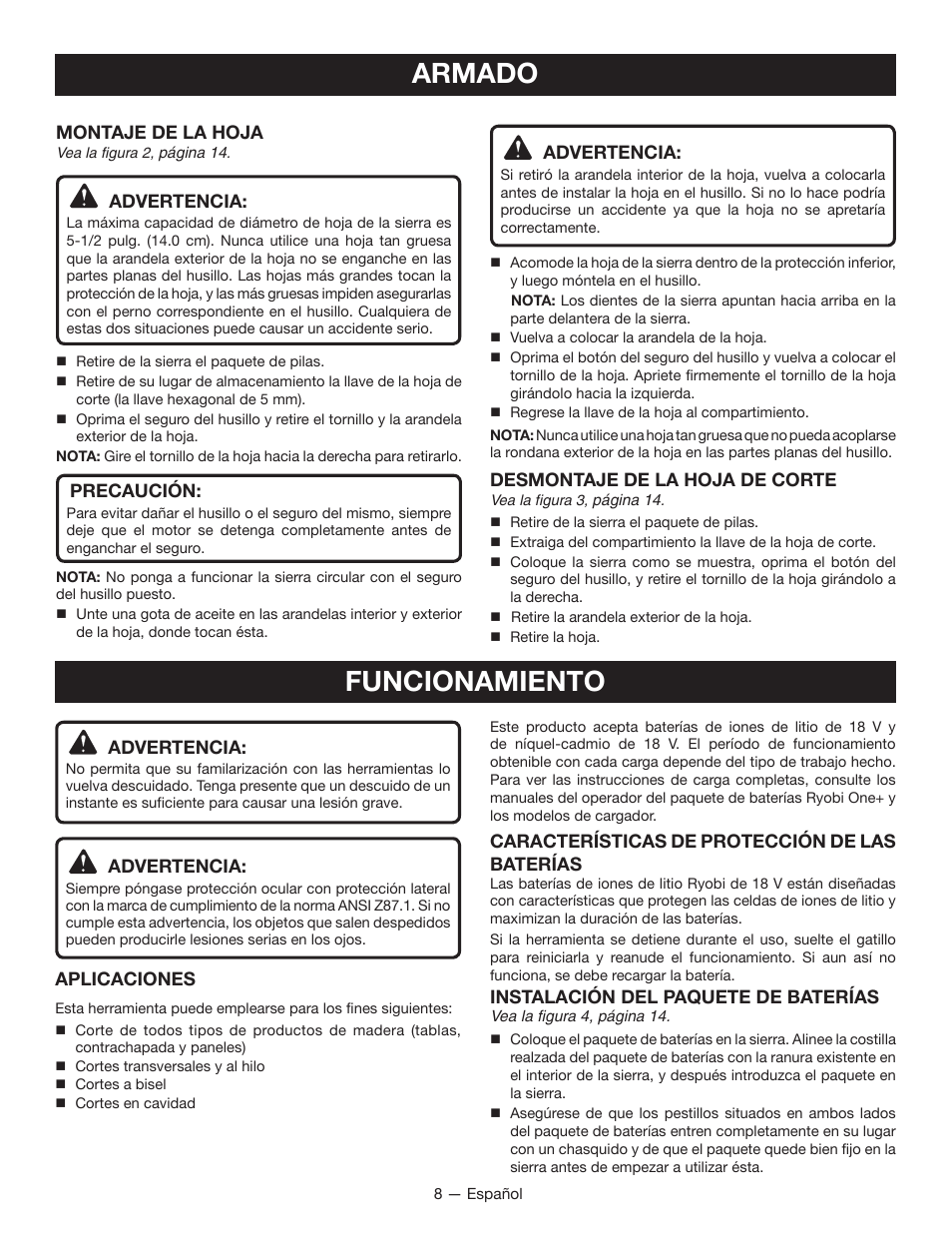 Armado, Funcionamiento | Ryobi P501 User Manual | Page 30 / 40