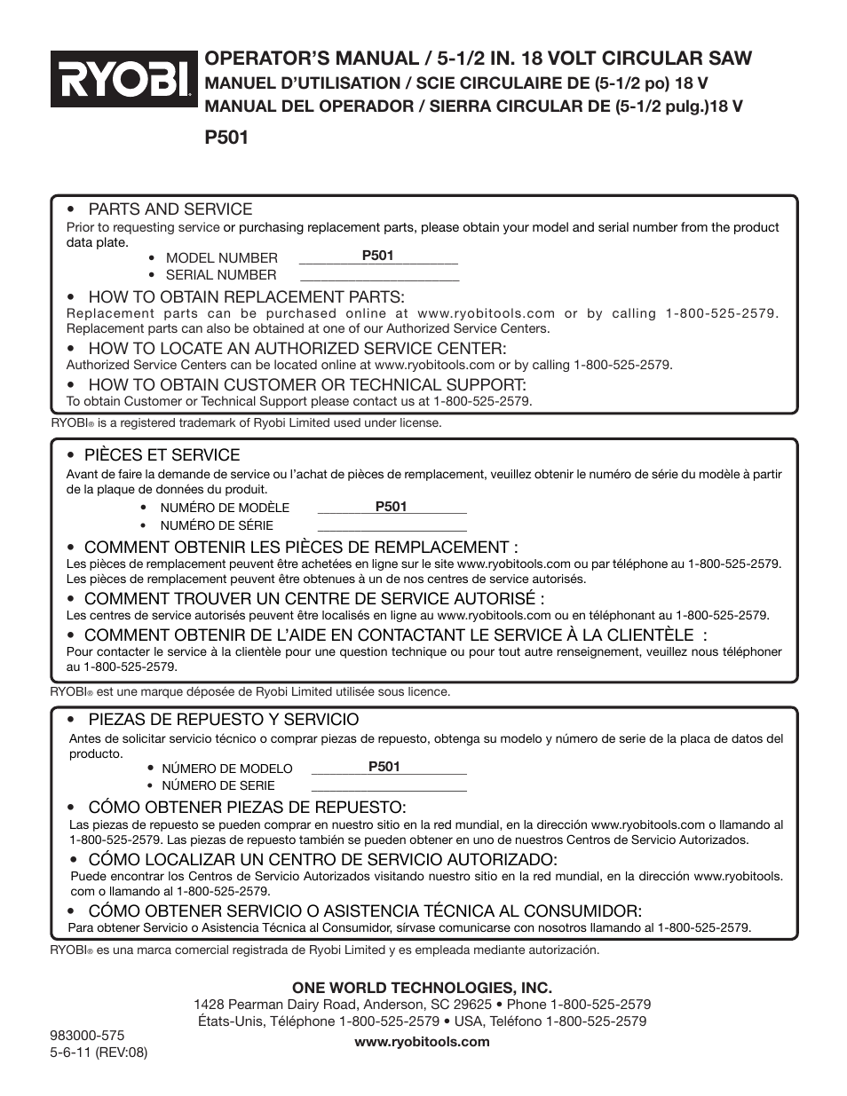 P501 | Ryobi P501 User Manual | Page 40 / 40