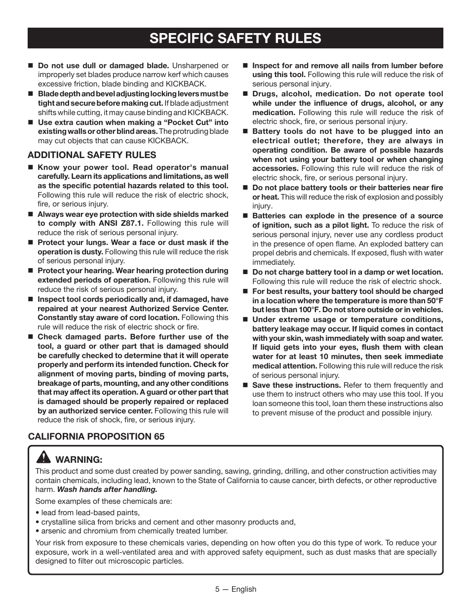 Specific safety rules | Ryobi P501 User Manual | Page 5 / 40
