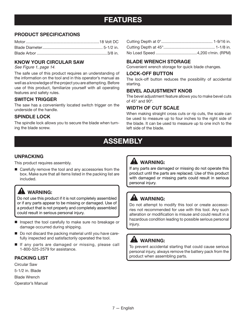 Features, Assembly | Ryobi P501 User Manual | Page 7 / 40