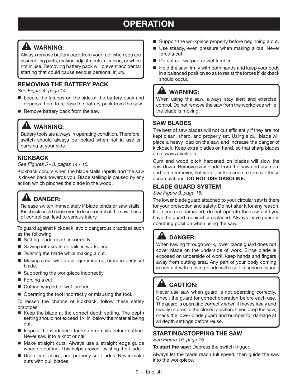 Operation | Ryobi P501 User Manual | Page 9 / 40