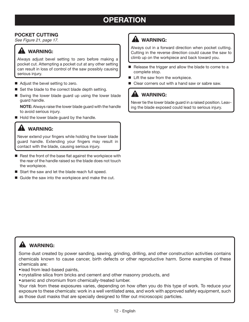 Operation | Ryobi P503 User Manual | Page 12 / 44