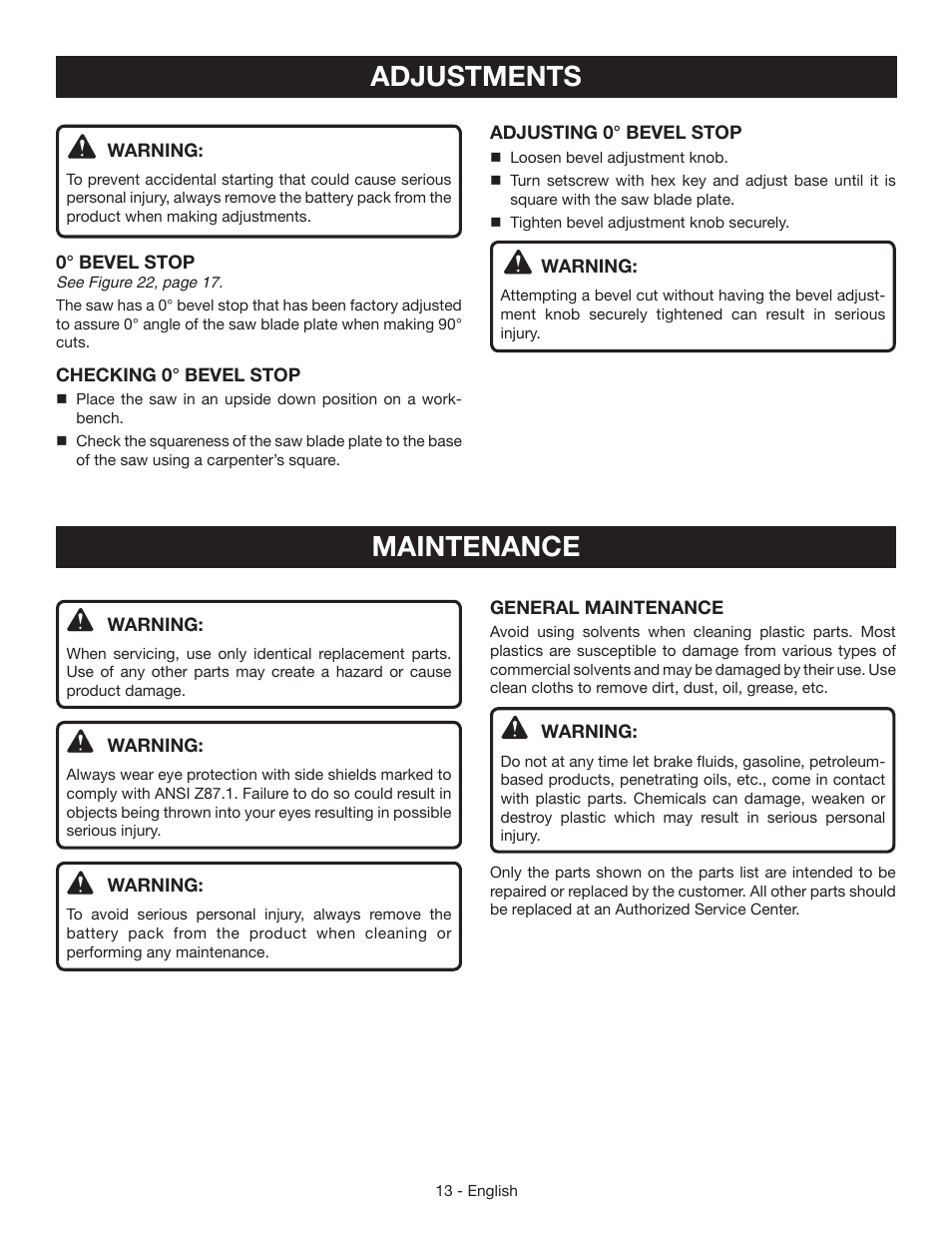 Maintenance, Adjustments | Ryobi P503 User Manual | Page 13 / 44