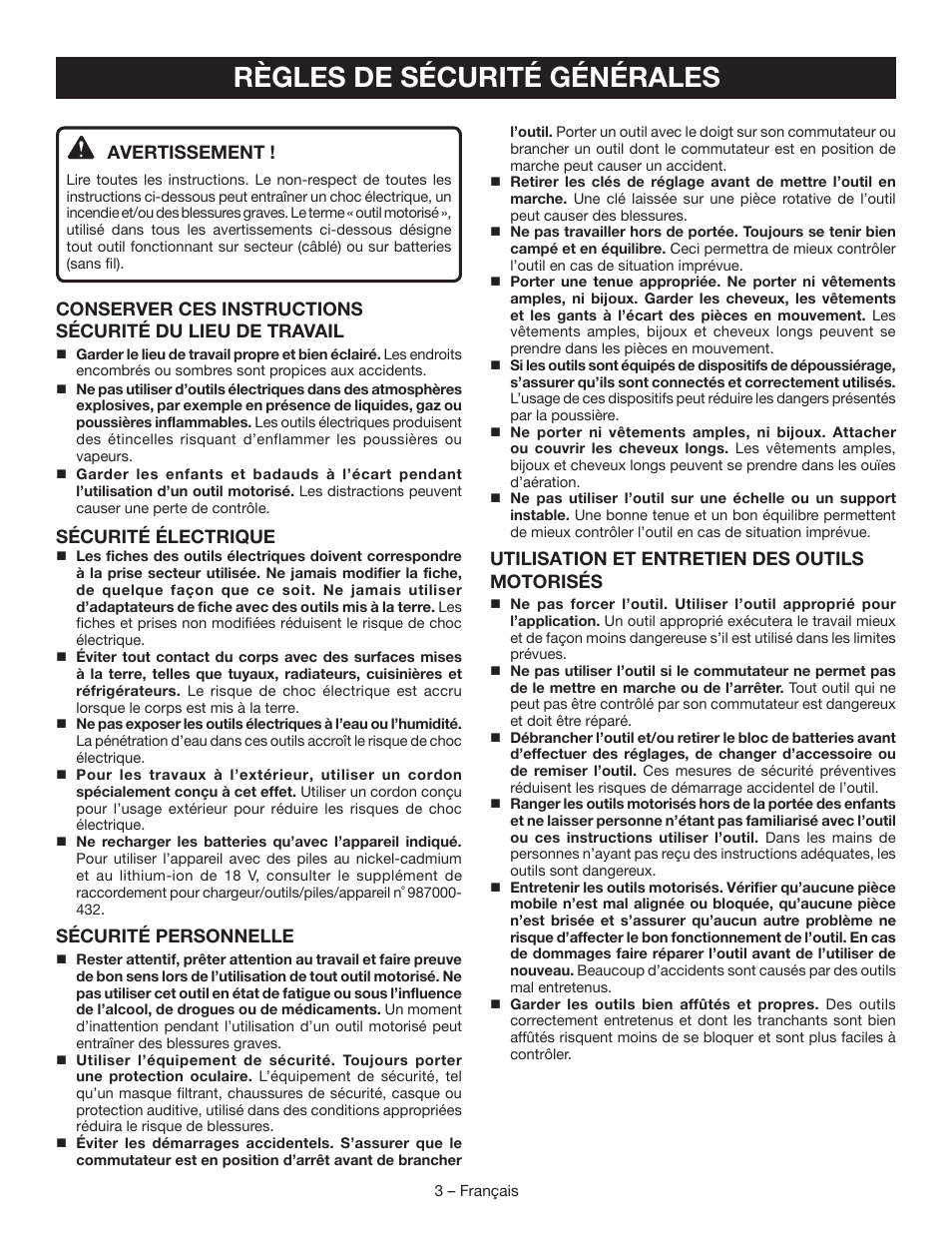 Règles de sécurité générales, Avertissement, Sécurité électrique | Sécurité personnelle, Utilisation et entretien des outils motorisés | Ryobi P503 User Manual | Page 16 / 44