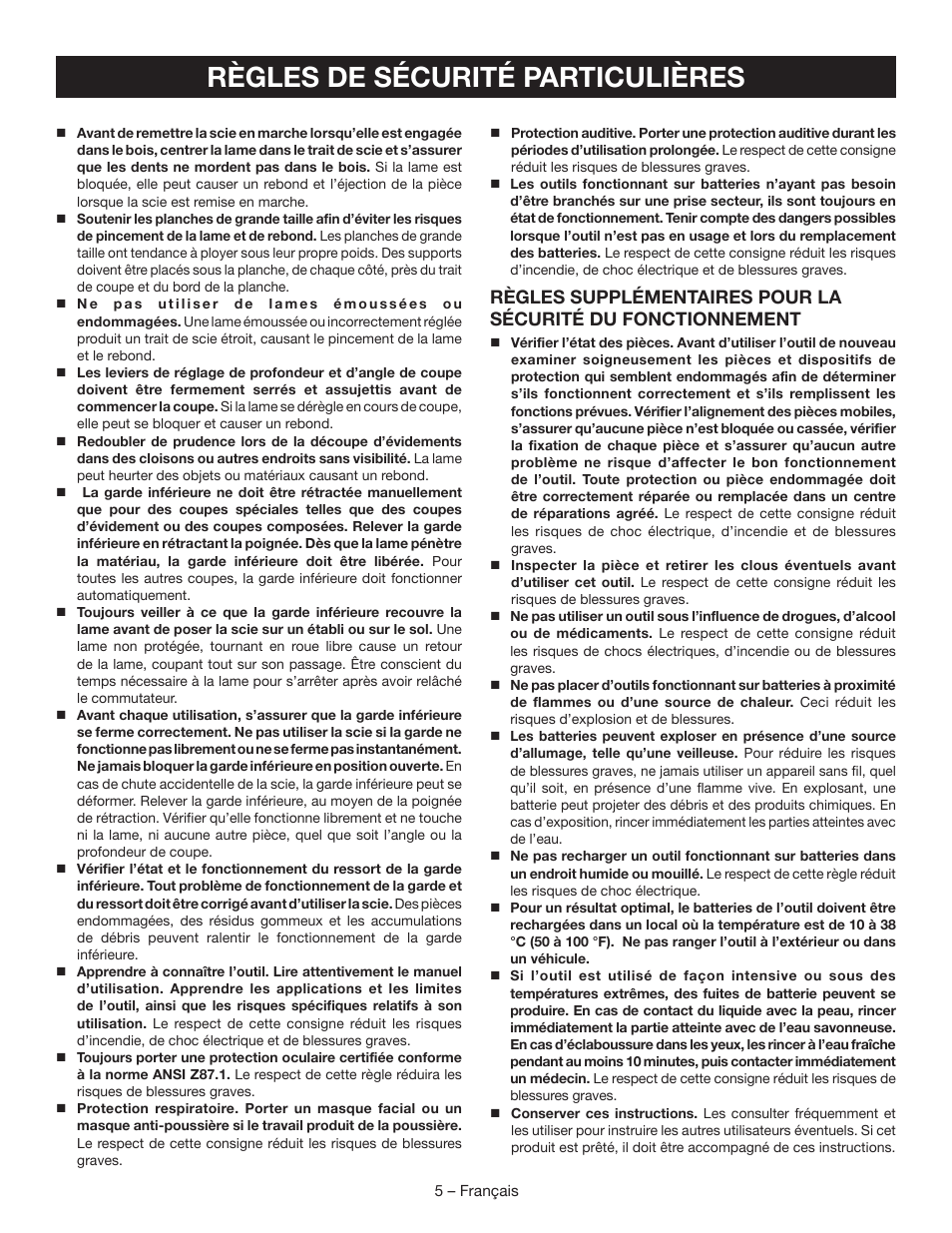 Règles de sécurité particulières | Ryobi P503 User Manual | Page 18 / 44