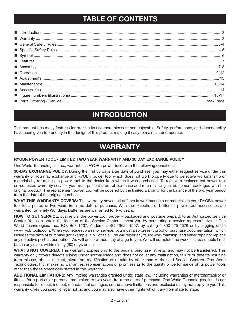 Table of contents introduction, Warranty | Ryobi P503 User Manual | Page 2 / 44