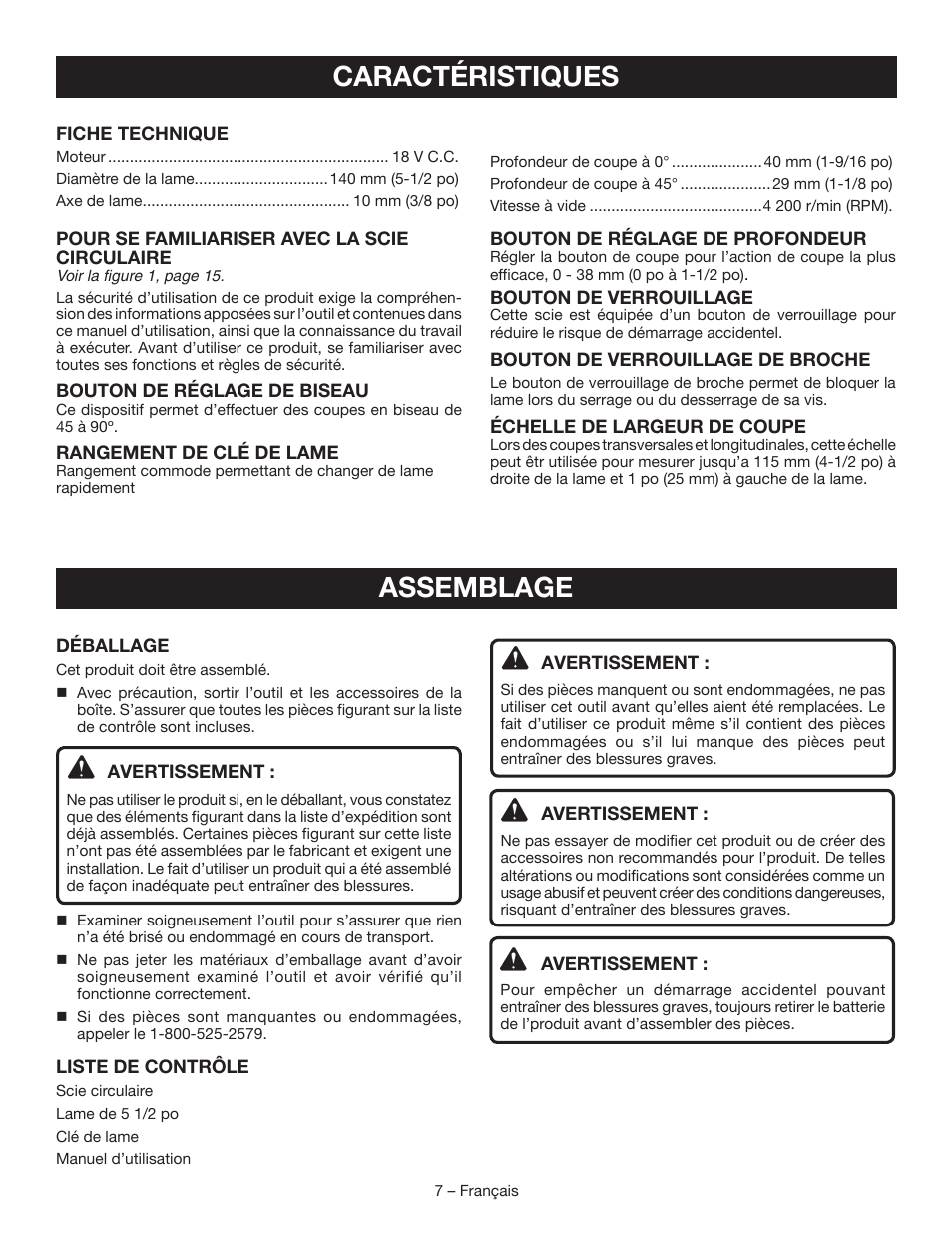 Caractéristiques, Assemblage | Ryobi P503 User Manual | Page 20 / 44