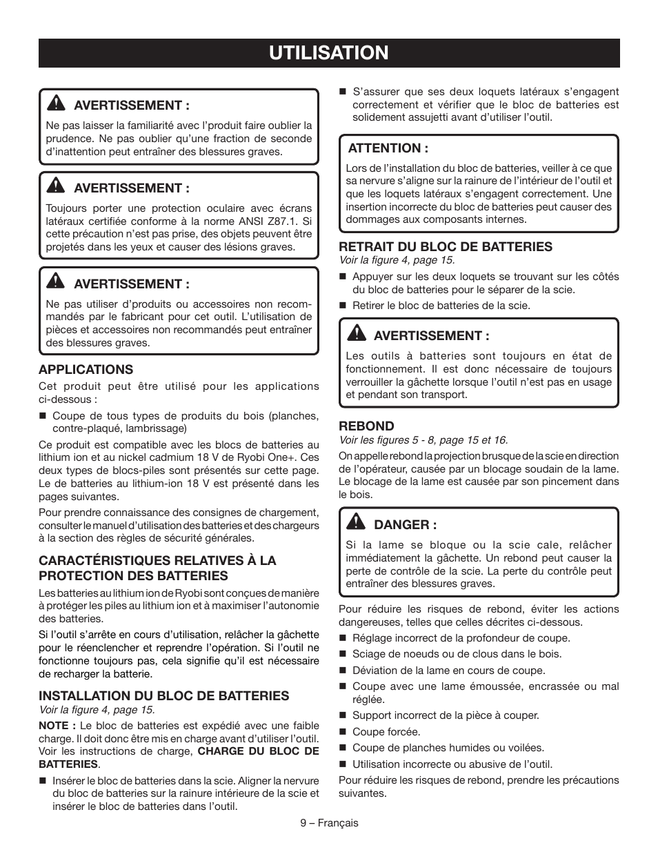 Utilisation | Ryobi P503 User Manual | Page 22 / 44